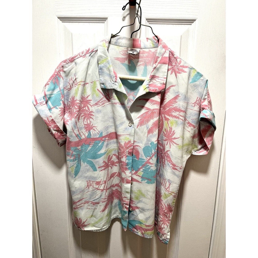 VTG Topson Downs 80s Pink Blue Button Down Short Sleeve Blouse L Miami Vice - Picture 9 of 11